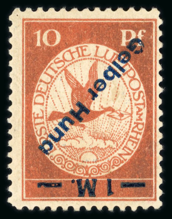 Stamp of Germany » German Empire 1912 Deutsches Reich, airmail Gelber Hund 1mk on 10pfg brown red, with inverted blue overprint
