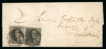 Stamp of Belgium 1850 letter from Gand to Courtrai, franked with extremely rare mixed franking 1849 10c epaulette and 1850 10c medaillon