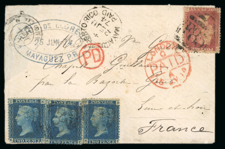 Stamp of Great Britain » British Post Offices Abroad » Porto Rico 1874 GB used abroad, letter from Mayaguez, Porto Rico, to France, bearing 1864 1d red plate 171 and 2d