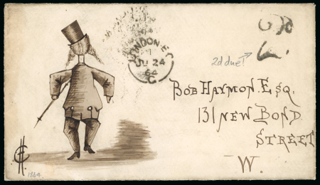 Stamp of Great Britain » 1854-1900 Postal History of the Perforated Line Engraved and Surface Printed Issues 1864 Hand-drawn envelope of a gentleman walking away in black ink, sent unfranked