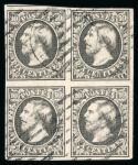 Stamp of Luxembourg 1852 Luxembourg 10 centesimi black gray, block of four obliterated by mute barred cds