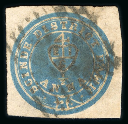 Stamp of India » 1852 Scinde Dawk 1852 1/2a Scinde Dawk, blue, embossed on white paper, a very fine used example