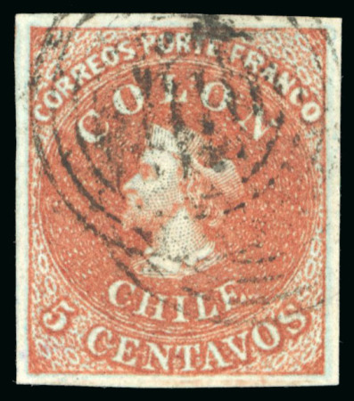Stamp of Chile 1853-65 Colon Heads 5c, 10c, 20c, group of 17 singles, mostly very fine