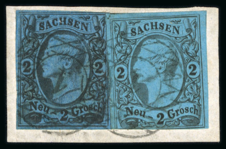 Stamp of German States » Saxony 2ngr blue and 2ngr bright blue on piece