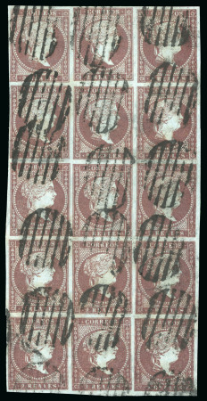 Stamp of Spain 1855 2r violet, block of 15, very fine used