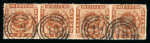 Stamp of Denmark 1863 4s rouletted strip of four cancelled by numeral 19