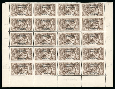 Stamp of Morocco Agencies (British Post Offices) » Spanish Currency 1914-26 Bradbury 3p on 2s6d chocolate-brown in corner marginal block of 20 mint