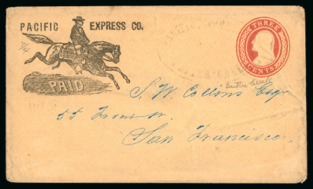 Stamp of United States 1853-86 four postal stationery envelopes, three from Wells Fargo with oval markings in black, blue, and pink