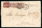 Stamp of Malta 1876 (Nov 4) mourning entire from Malta to France with three 1/2d pl.10 and 1d pl.192 tied by "A25" duplexes