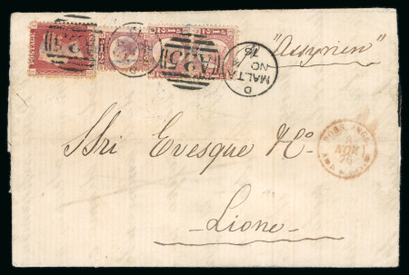 Stamp of Malta 1876 (Nov 4) mourning entire from Malta to France with three 1/2d pl.10 and 1d pl.192 tied by "A25" duplexes
