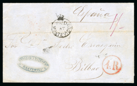Stamp of Great Britain » British Post Offices Abroad » Crown Circle Handstamps Uruguay - Montevideo: 1857 (Jul 5) wrapper from Montevideo to Spain with very fine "PAID / AT / MONTEVIDEO" crown circle hs