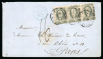 Stamp of Mexico 1861 Hidalgo 2r black on rose with Mexico district hs in strip of three on cover to France