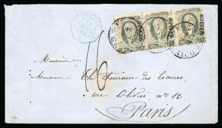 Stamp of Mexico 1861 Hidalgo 2r black on rose with Mexico district hs in strip of three on cover to France