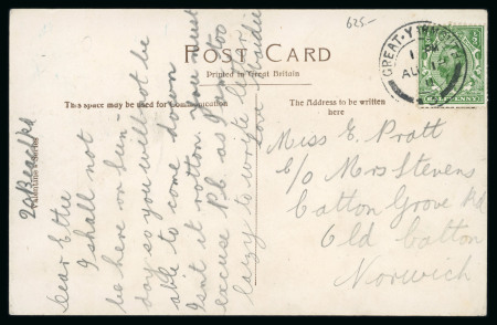 Stamp of Great Britain » King George V » 1911-12 Downey Head Issues 1911-12 1/2d green with error perf. 14 tied to picture postcard of Gorleston-on-Sea