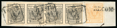 Stamp of Austria » Hungary (Ungarn) 1850 Austria Hungary Pest 2Kr (strip of 4) + 1Kr FRANKO fragment rare