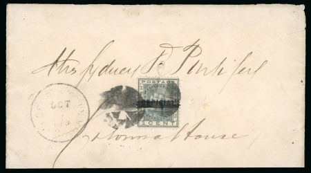 Stamp of British Guiana 1878 (Oct) envelope sent locally with 1878 provisional "OFFICIAL" with horizontal bar tied by segmented "cork" cancels