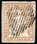 Stamp of Switzerland / Schweiz » Sitzende Helvetia Ungezähnt 1854-62 Strubel, 3 weissrandige Marken mit schönen Entwertungen