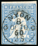 Stamp of Switzerland / Schweiz » Sitzende Helvetia Ungezähnt 1854-62 Strubel, 3 weissrandige Marken mit schönen Entwertungen