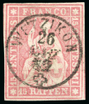 Stamp of Switzerland / Schweiz » Sitzende Helvetia Ungezähnt 1854-62 Strubel, 3 weissrandige Marken mit schönen Entwertungen
