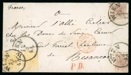 Stamp of Austria » Vienna and Suburbs (Wien und Vorstädte) 1858 Austria France WIEN 2 x 1Kr + 2x 6Kr, MP ty III to Besancon