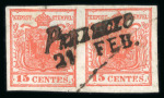 Stamp of Austria » Lombardy Venetia 1850, 15C HP ty IIa plate 2 dark brick-red in horizontal pair with PERAROLO 21. FEB postmark