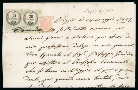 Stamp of Austria » Lombardy Venetia 1857 mixed fkg 30c (2) fiscal + 1850 15C MP IIIc on document from VIGGIU (Varese)