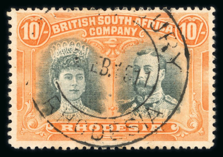 Stamp of Rhodesia 1910 Double Heads 10s deep myrtle and orange with Salisbury cds