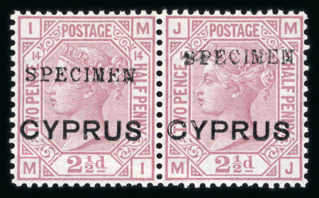 Stamp of Cyprus 1880 2 1/2pi rosy mauve pl.14 mint pair showing "SPECIMEN" ovpt