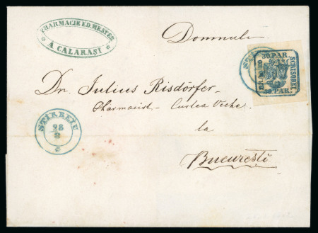 Stamp of Romania » United Principalities 1862-1864 30 Parale blue, on wove paper, neatly tied by superb strike of the very rare STIRBEIU/28.8 cds in in blue to cover
