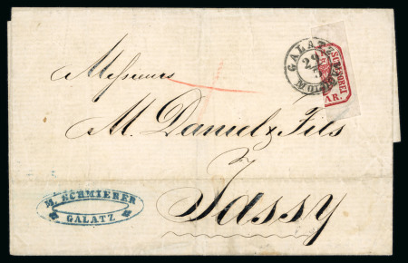 Stamp of Romania » United Principalities 1862-1864 6 Parale cherry-red, on wove paper vertical bisect tied by clear strike of the GALATZ/29.3 cds, on 1863 folded printed matter cover