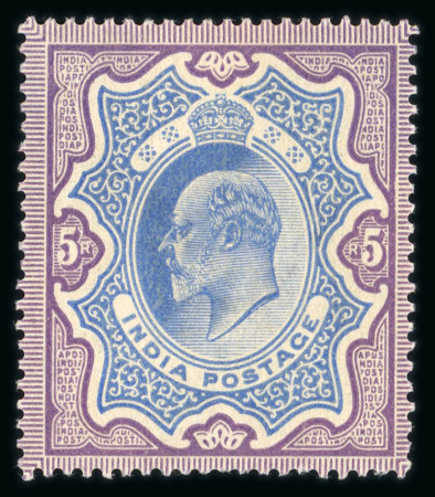 Stamp of India » 1855-1946 De La Rue and later Crown Colony Issues India 1902 5r ultramarine and violet with full original gum and hinge remnant, very fine and fresh.