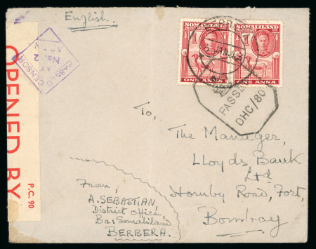 Stamp of Somaliland Protectorate 1942 1a scarlet, two singles tied BERBERA/6.JAN.43