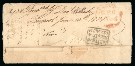 Stamp of India » Postal History London 1828, entire letter datelined 9 June sent to Calcutta, endorsed “p. Columbia”
