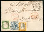 Stamp of Italy » Regno d'Italia 1863 Litho 15c blue, in combination with Sardinia 1862-63 5c green with huge margins and 80c yellow on folded entire via London to Montevideo