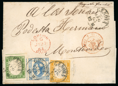 Stamp of Italy » Regno d'Italia 1863 Litho 15c blue, in combination with Sardinia 1862-63 5c green with huge margins and 80c yellow on folded entire via London to Montevideo