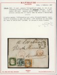 Stamp of Italy » Regno d'Italia 1863 Litho 15c blue, in combination with Sardinia 1862-63 5c green with huge margins and 80c yellow on folded entire via London to Montevideo
