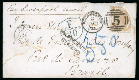 Stamp of Great Britain » 1854-1900 Postal History of the Perforated Line Engraved and Surface Printed Issues 1873 (Apr 7) small neat envelope to Rio de Janeiro, Brazil with 1872-73 6d pale buff, carried by the paquebot "Said"