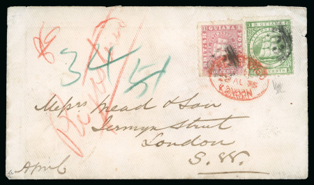 Stamp of British Guiana 1863-76 8c pink and 24c yellow green on cover to England