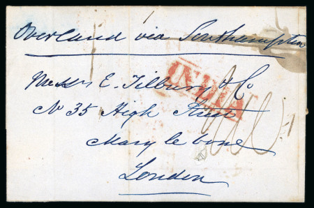 Stamp of India » Postal History 1850 Folded entire letter Calcutta endorsed “Overland via Southampton” to London