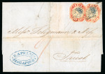 Stamp of India » Used Abroad » Straits Settlements » Singapore (172) 1854 4a red, two singles, cut to shape, tied diamond