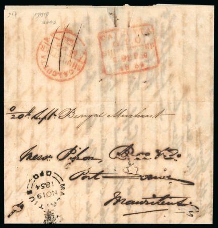 Stamp of India » Postal History 1854 Calcutta to Mauritius, letter sent per “Bengal Merchant”, struck by the scarce circular Calcutta Ship Letter Free