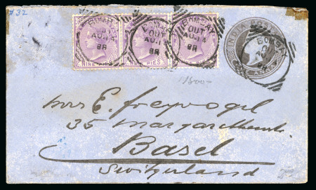 Stamp of India » 1855-1946 De La Rue and later Crown Colony Issues 1888/97 two Indian QV 1a stationary envelopes, sent Bombay-Switzerland uprated with scarce strip of three 9p