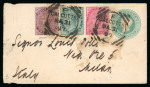 Stamp of India » 1855-1946 De La Rue and later Crown Colony Issues 1888/97 two Indian QV 1a stationary envelopes, sent Bombay-Switzerland uprated with scarce strip of three 9p