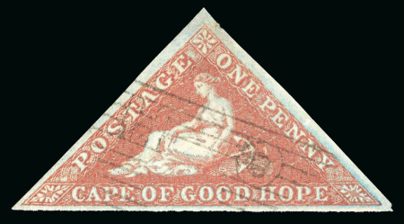 Stamp of South Africa » Cape of Good Hope 1853 1d deep brick-red on deeply blued paper, with good to large margins, crisp and light triangular cancel