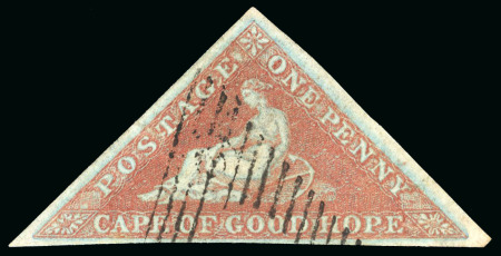 Stamp of South Africa » Cape of Good Hope 1853 1d deep brick-red on deeply blued paper, with good to large margins, crisp partial triangular cancel