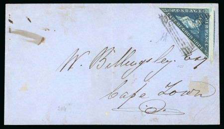 Stamp of South Africa » Cape of Good Hope 1853 4d deep blue on slightly blued paper with clear to very large margins on cover from Aliwal to Cape Town