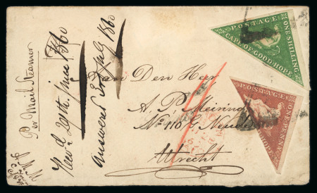 Stamp of South Africa » Cape of Good Hope 1855 1s bright yellow-green, good to large margins, with 1d rose, two margins, on front to Utrecht in the Netherlands