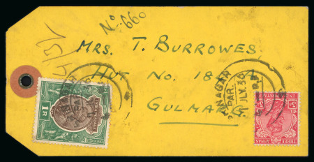 Stamp of India » 1855-1946 De La Rue and later Crown Colony Issues 1936 Parcel tag from Srinagar to Gulmarg, franked with Indian KGV 3a (SG 237) and 1r (SG 214)
