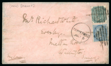 Stamp of India » Used Abroad » Burma 1880s Thayetmyo (9 Jul) to England, bearing East India QV 1/2a and 4a, tied by mute barred diamond obliterator, alongside with Thayetmyo (instead of Thayetmo) pm 9 July; very fine.