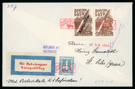 Stamp of Aerophilately » Rocketmail 1933 F. Schmiedl Catapult Rocket K1 cover (Hopferwieser 26e, 1200 eur), franked with Austrian 4gr + rocket stamp 20gr in horizontal pair (one stamp with “Katapultflug” overprint), tied by red boxed K1 rocket post handsta
